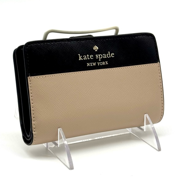 Kate Spade Leila Medium Pebbled Leather Compact Bifold Wallet Tan/Black - Picture 3 of 9